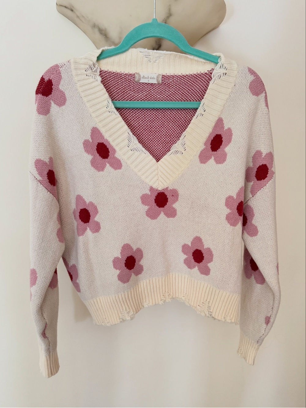Altar'd State Cream V-Neck Sweater with Pink Floral Motif